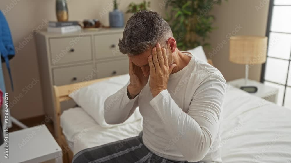 Middle-aged man sitting on a bed in a bedroom with a headache, holding his temples in discomfort, surrounded by indoor furniture and plants Middle-aged man sitting on a bed in a bedroom with a headache, holding his temples in discomfort, surrounded by indoor furniture and plants