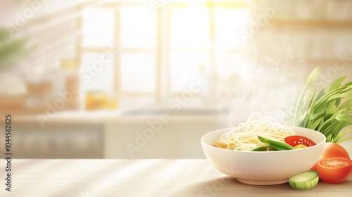 Modern Noodle Dish in Bright Kitchen Setting