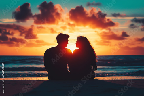 Silhouette of a young couple sitting on a beach at sunset, watching the sea and sharing a romantic moment together. Summer vacation. A young couple posing against the sea, sitting on the shore photo