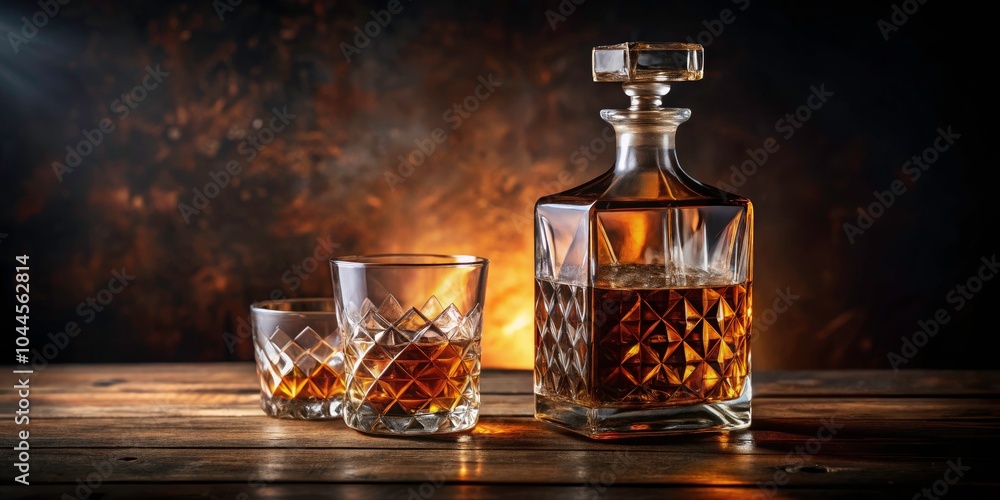 Elegant Crystal Whiskey Decanter and Glass on Wooden Table in a Dark Background - Sophisticated Drinkware, Home Bar Decor, Luxury Lifestyle, Nighttime Ambiance, and Fine Spirits