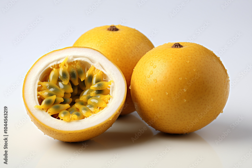 Several halved passion fruits on white surface, vibrant and fresh arrangement Several halved passion fruits on white surface, vibrant and fresh arrangement