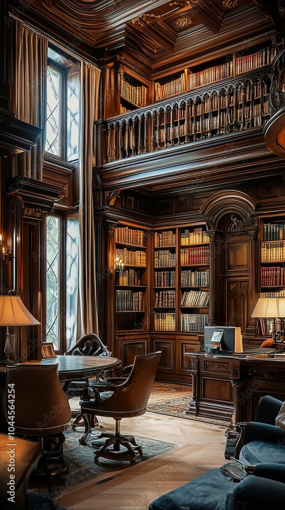 Grand Library Interior with Wood Paneling and Ornate Details Grand Library Interior with Wood Paneling and Ornate Details