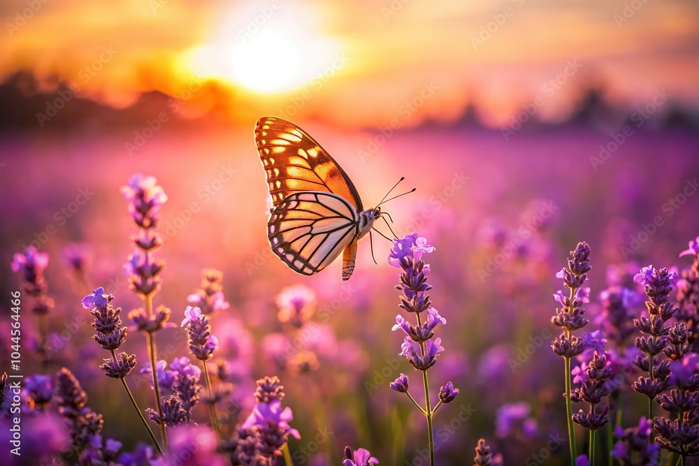 Obraz premium Silhouette butterfly flying over purple flower field at sunset