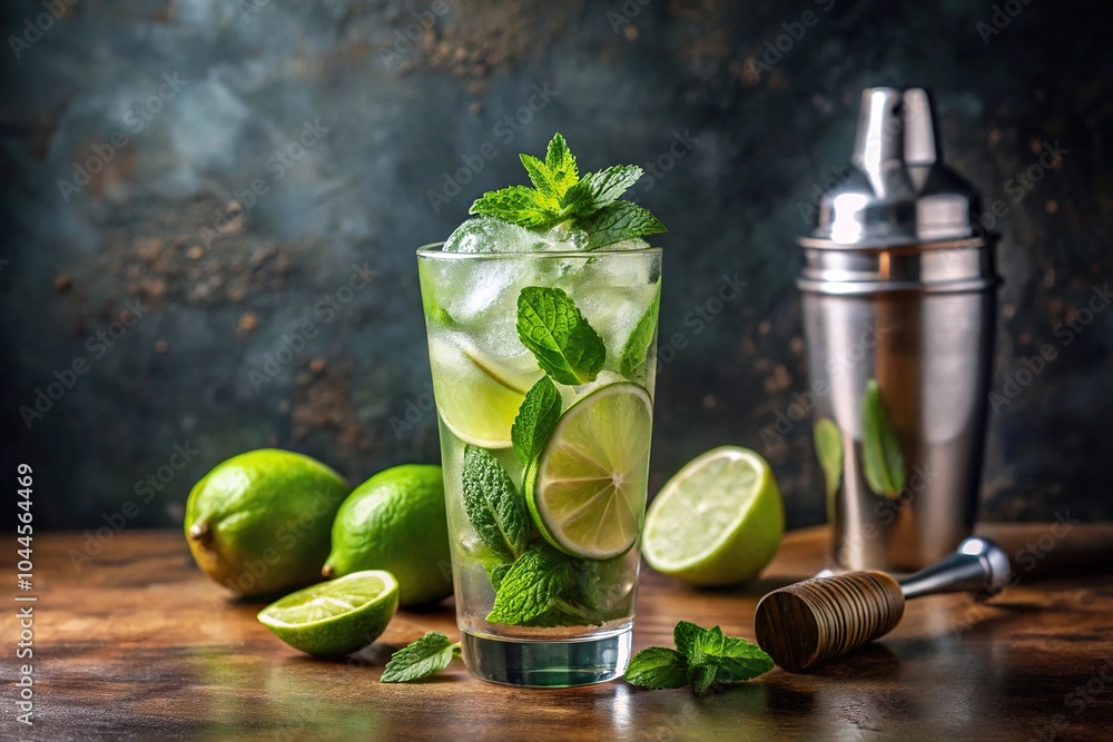 Mojito cocktail making with mint, lime, glass, and shaker Mojito cocktail making with mint, lime, glass, and shaker