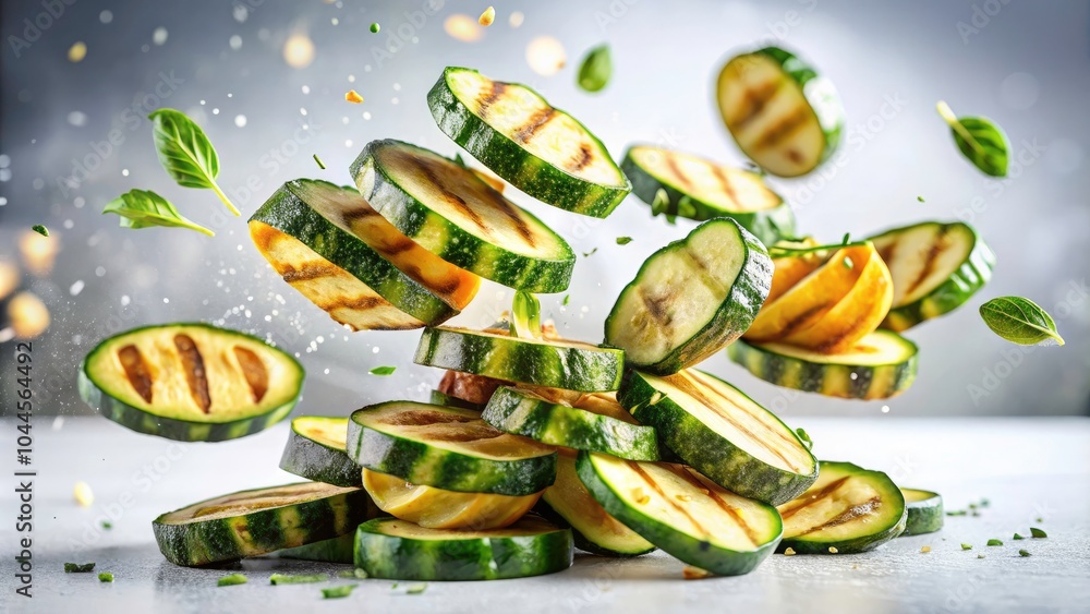 Falling Grilled Sliced Zucchini on White Background - Fresh Vegetables, Healthy Eating, Culinary Art, Grilled Zucchini, Organic Food, Plant-Based Diet, Vegetarian Cuisine, Food Photography Falling Grilled Sliced Zucchini on White Background - Fresh Vegetables, Healthy Eating, Culinary Art, Grilled Zucchini, Organic Food, Plant-Based Diet, Vegetarian Cuisine, Food Photography