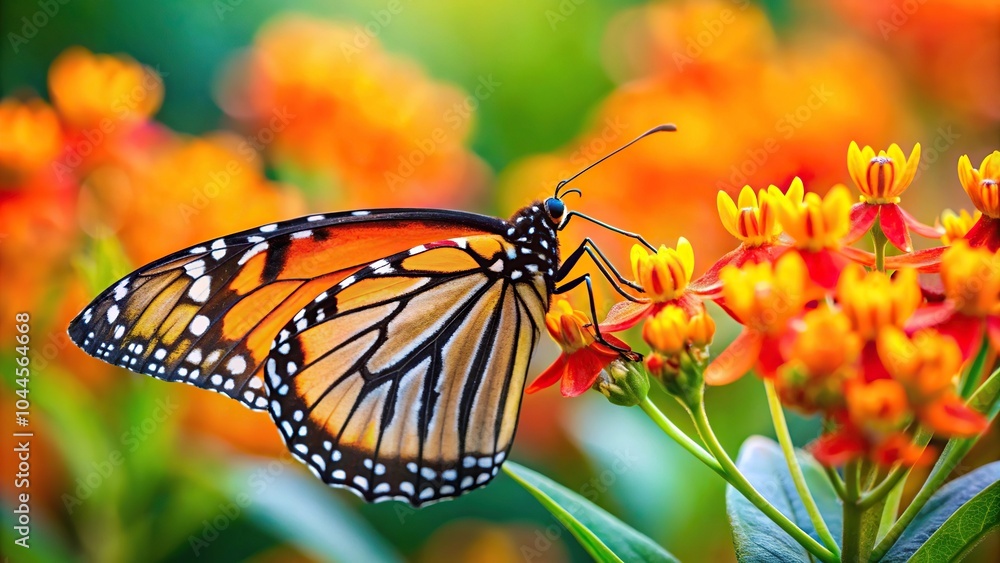 Fototapeta premium Monarch butterfly feeding on orange tropical flower close up