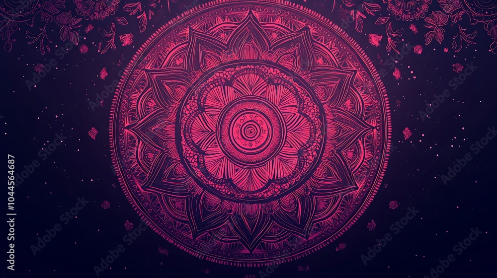 A mandala with concentric rings of geometric shapes and floral designs, arranged in a circular and symmetrical layout.