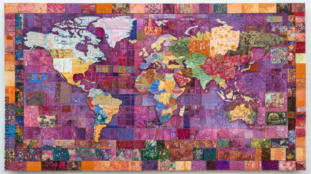 Fototapeta premium A colorful world map collage made from various patterned fabrics.