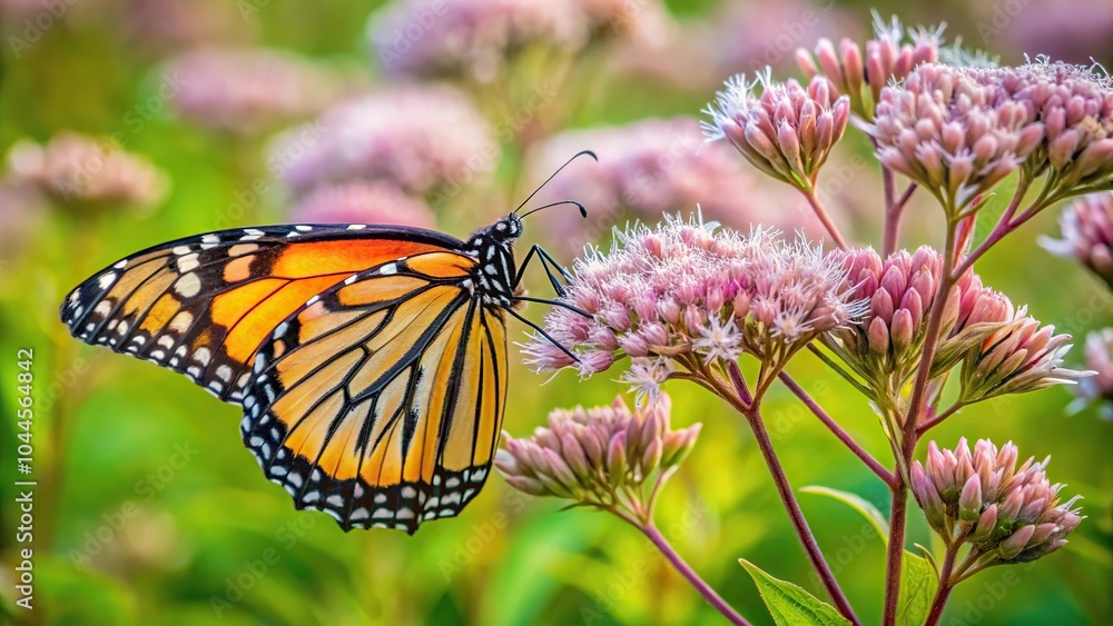 Monarch butterfly pollinates Joe Pye weed in a prairie restoration garden aerial view Monarch butterfly pollinates Joe Pye weed in a prairie restoration garden aerial view