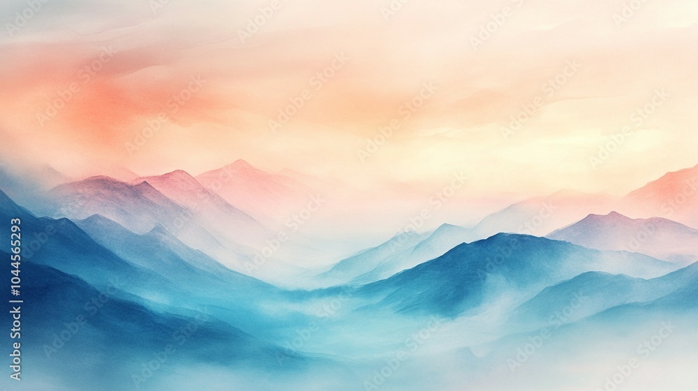 Abstract Foggy Mountain Range with Gradient Sunset Sky Abstract Foggy Mountain Range with Gradient Sunset Sky