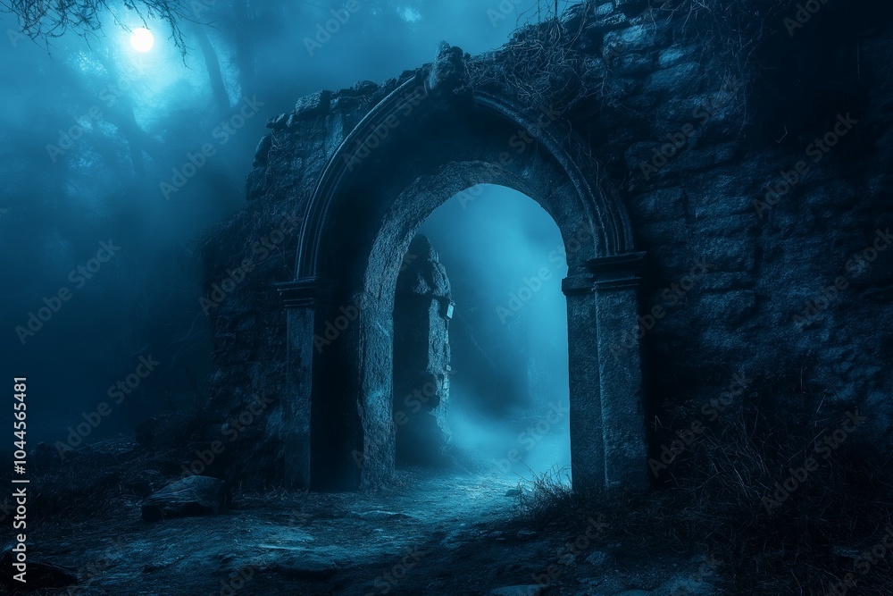 Mysterious Foggy Gate in a Dark Forest at Night Mysterious Foggy Gate in a Dark Forest at Night