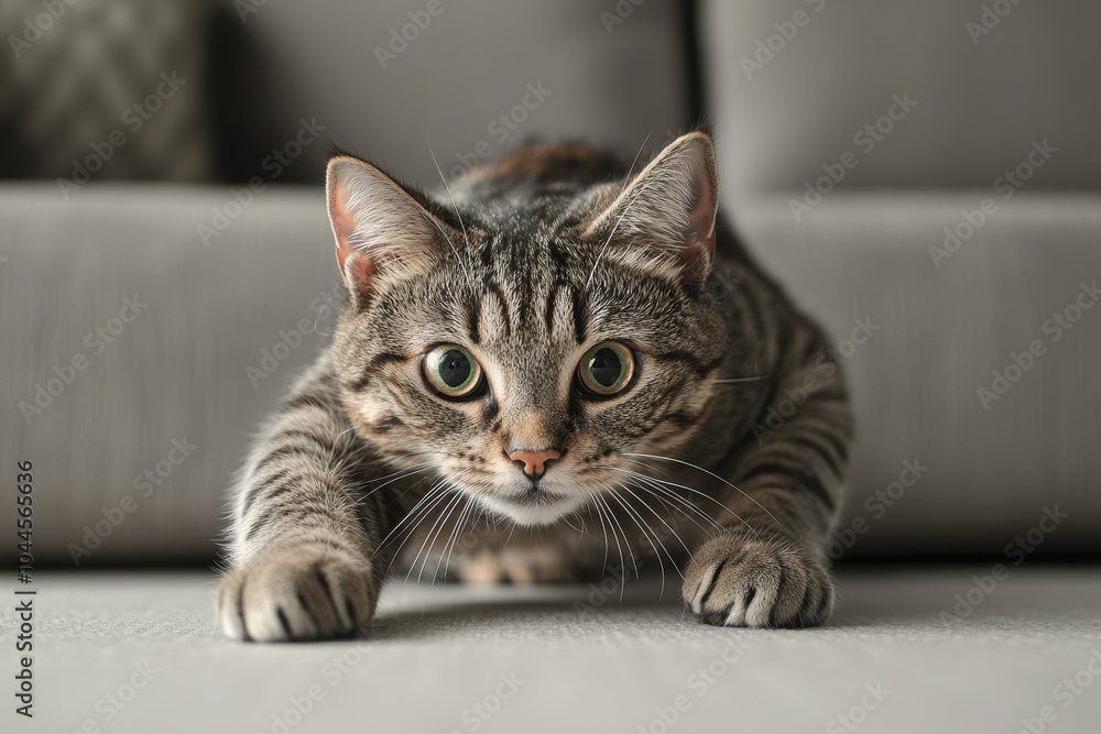 A cat chasing a laser pointer, A focused tabby cat preparing to pounce, showcasing its playful nature and keen hunting instincts in a cozy indoor setting. A cat chasing a laser pointer, A focused tabby cat preparing to pounce, showcasing its playful nature and keen hunting instincts in a cozy indoor setting.