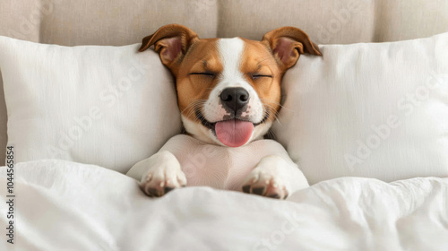 A puppy sleeping with its tongue out, A happy dog resting on pillows, enjoying a peaceful nap at home. Perfect for pet lovers and cozy moments.