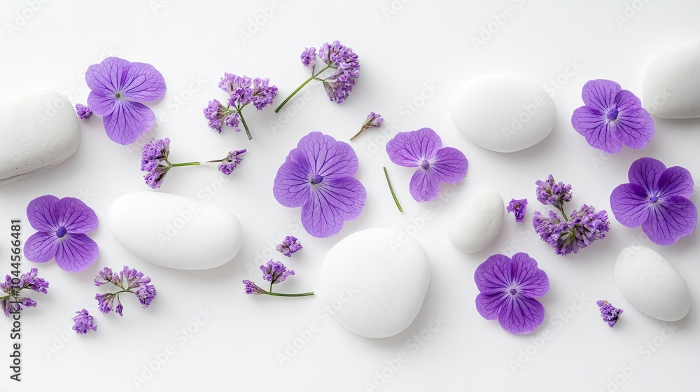 A white backdrop with scattered purple flowers and smooth white rocks, creating a balanced, calming composition ideal for minimalist or wellness designs. A white backdrop with scattered purple flowers and smooth white rocks, creating a balanced, calming composition ideal for minimalist or wellness designs.