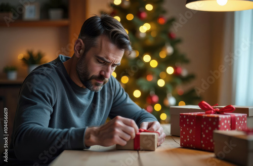 tired man packing many gifts with sad face sitting at living room table, christmas tree in background. pre-holiday bustle and rush photo