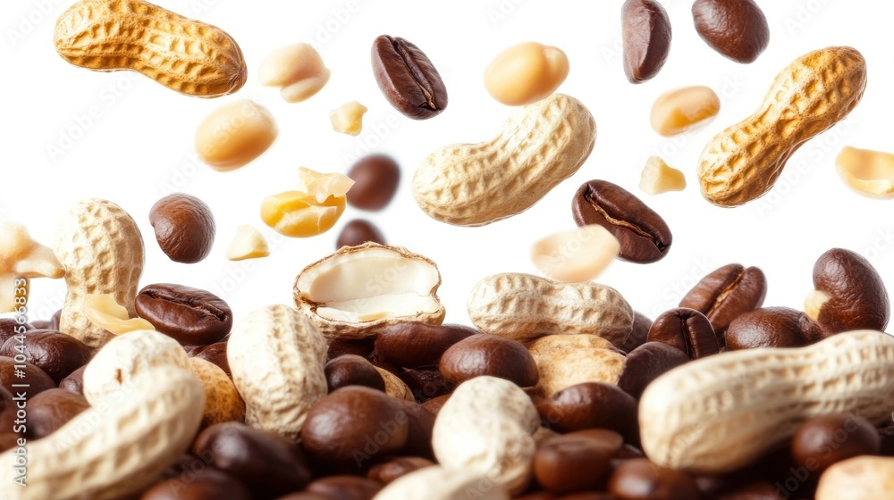 A dynamic arrangement of peanuts and coffee beans, highlighting a snack or culinary theme. A dynamic arrangement of peanuts and coffee beans, highlighting a snack or culinary theme.