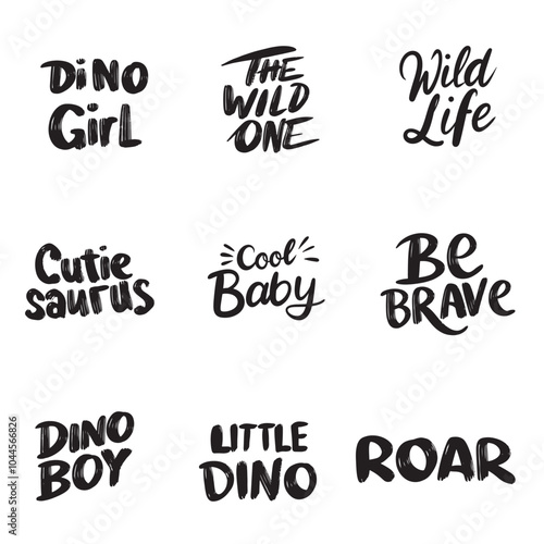 Collection of text lettering about Dinosaur for baby. Hand drawn vector art.