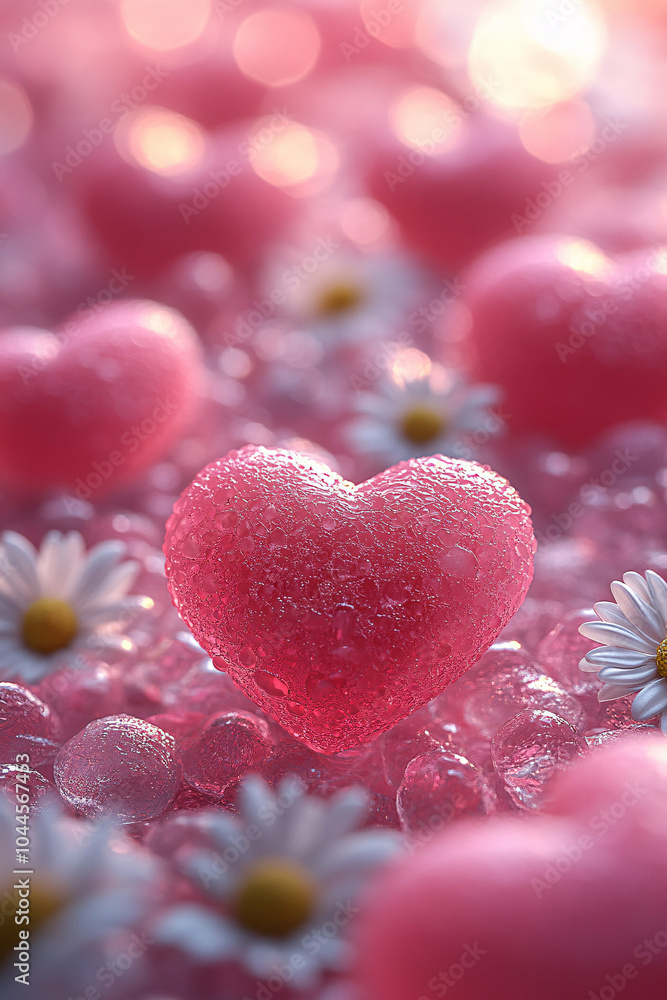 Fototapeta premium A dewy pink heart-shaped candy surrounded by glistening orbs and white daisies, set on a dreamy, sparkling pink background full of soft lights