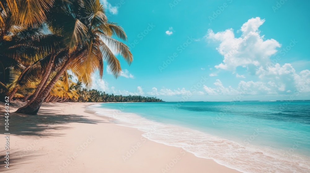Vibrant Beach Scene with Tropical Palm Trees and Waves Vibrant Beach Scene with Tropical Palm Trees and Waves