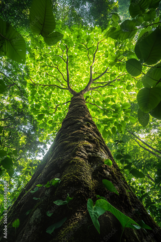 Fototapeta premium An upward view of a towering tree with sprawling green leaves, bathed in sunlight, creating a canopy effect. The lush greenery conveys a sense of awe