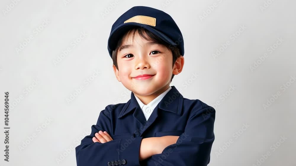A cheerful young boy dressed in a navy uniform with a cap, smiling confidently while crossing his arms A cheerful young boy dressed in a navy uniform with a cap, smiling confidently while crossing his arms