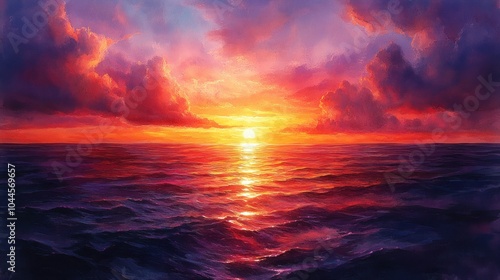 Vibrant sunset over the ocean, reflecting warm colors on water.