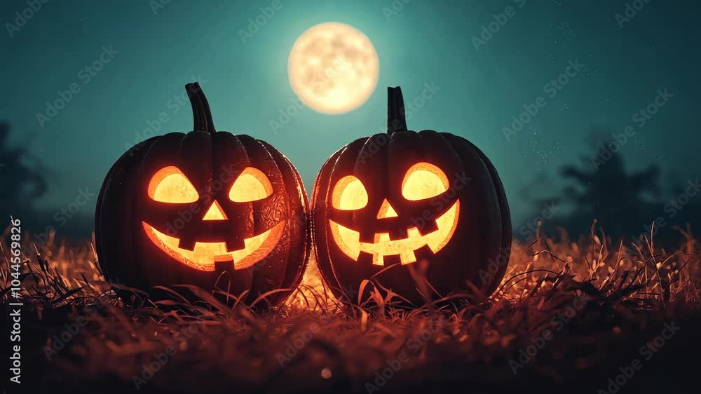 Charming Halloween pumpkins glow under the full moon Charming Halloween pumpkins glow under the full moon