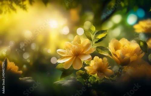 A cluster of yellow flowers bloom in the warm sunlight of a lush green forest.