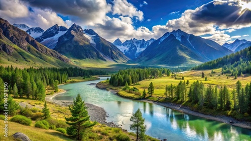 Mountain landscape with a tilt angle view of Altai Mountains in the summer period