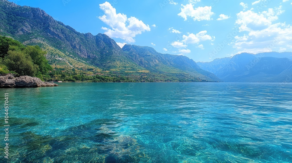 Crystal-clear turquoise waters gently lapping at the shore, with lush mountains in the distance and a brilliant blue sky Crystal-clear turquoise waters gently lapping at the shore, with lush mountains in the distance and a brilliant blue sky