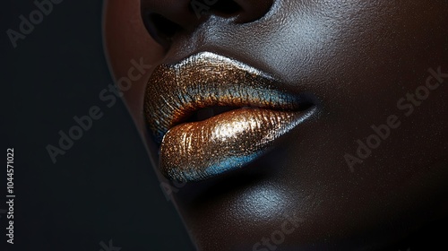 Close-up of a Person's Lips with Shimmering Gold and Blue Glitter Lipstick