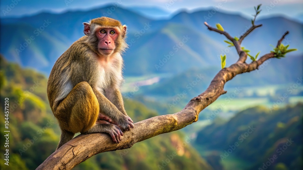 Fototapeta premium Mountain landscape with monkey on tree