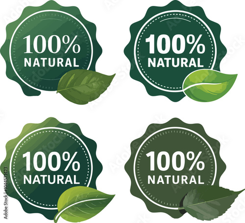 100% Natural Green Badge Vector with Leaf
