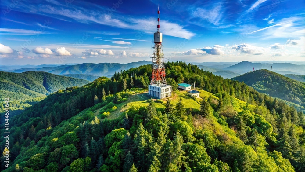 Obraz premium Mountain landscape with radio and television antennas, featuring high frequency technology and a backdrop of green forest and blue sky