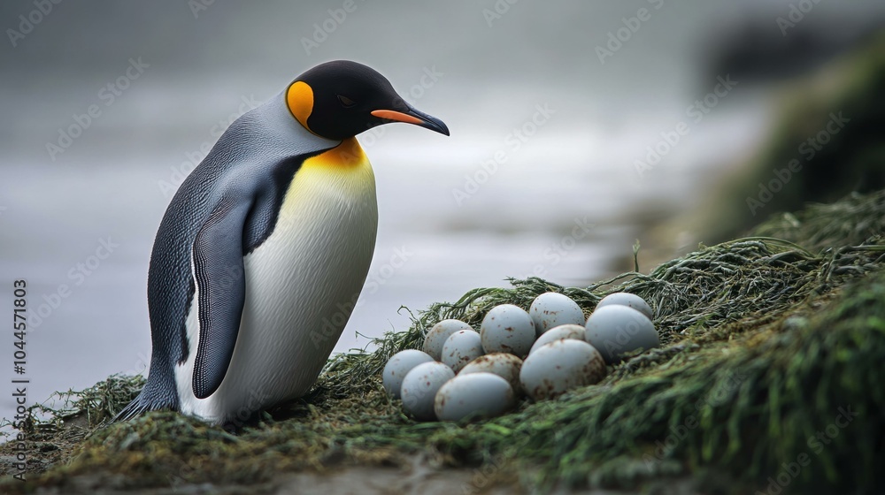 Naklejka premium A penguin stands near a clutch of eggs. AI.