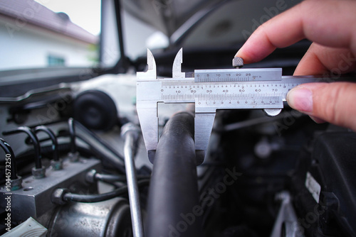 Photos Close up of vernier caliper measuring rubber tube of engine component , Mechanic