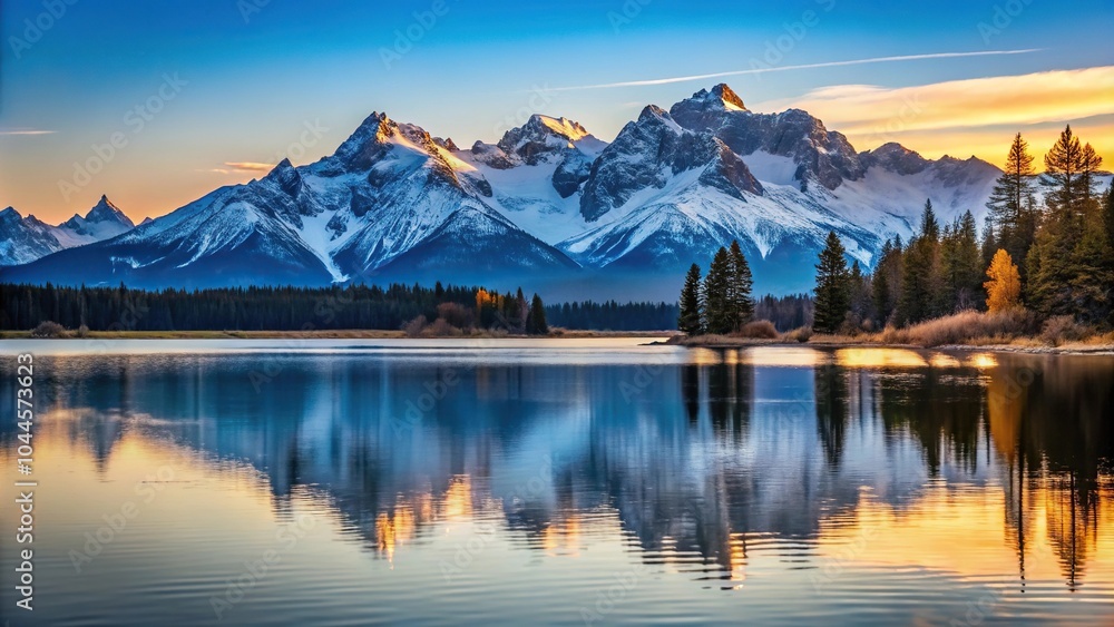 Mountain range with lake silhouette in snow Mountain range with lake silhouette in snow