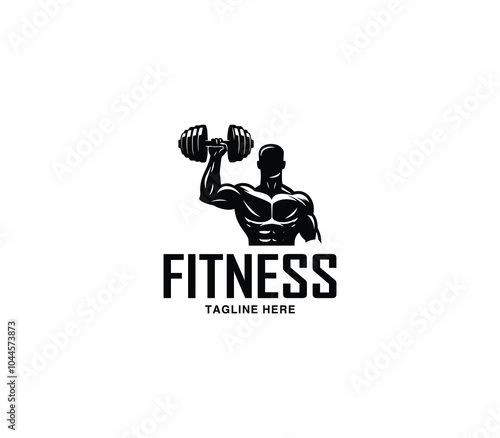 Fitness and gym body building logo design. Silhouette of bodybuilder. Fitness center gym logo vector