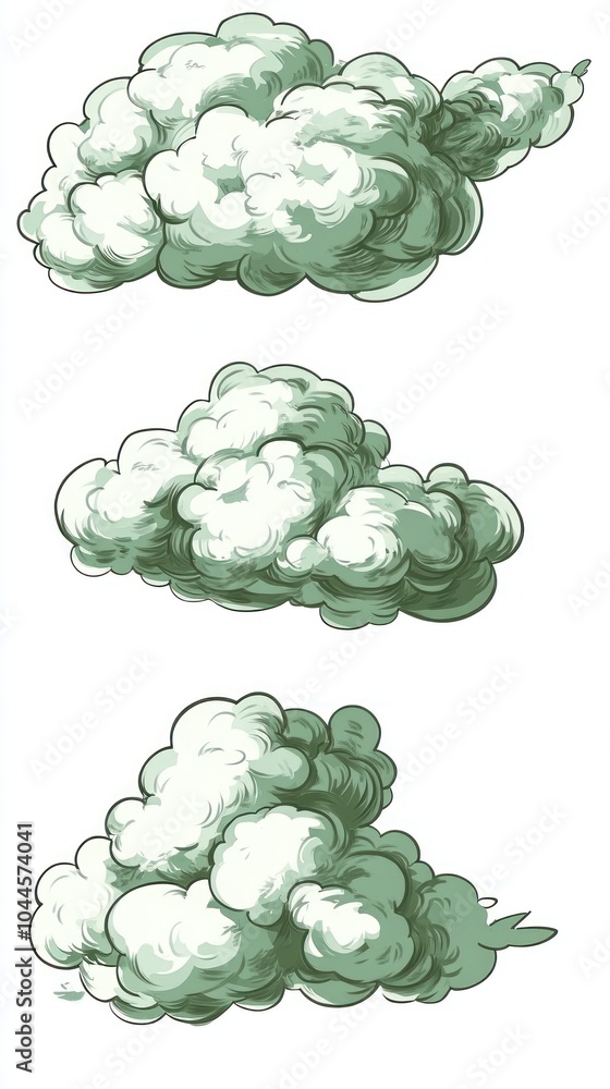 Fototapeta premium Three stylized clouds in varying shapes and sizes, suitable for graphic design use.