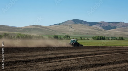 Tractor Plowing Rich Dark Soil in Preparation for Planting