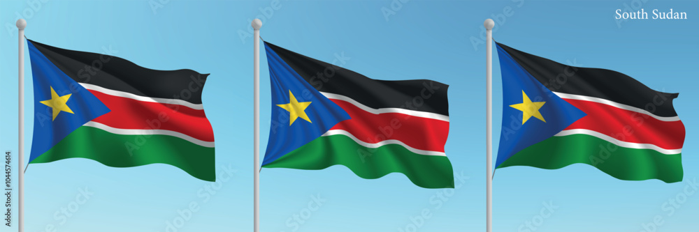Set of three flags of South Sudan waving on flagpoles Set of three flags of South Sudan waving on flagpoles