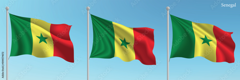 Set of three flags of Senegal waving on flagpoles Set of three flags of Senegal waving on flagpoles