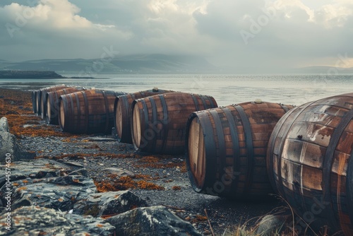 Scotch whisky barrels lined up seaside on the Island of Islay  Scotland UK photo