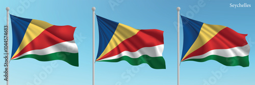 Set of three flags of Seychelles waving on flagpoles