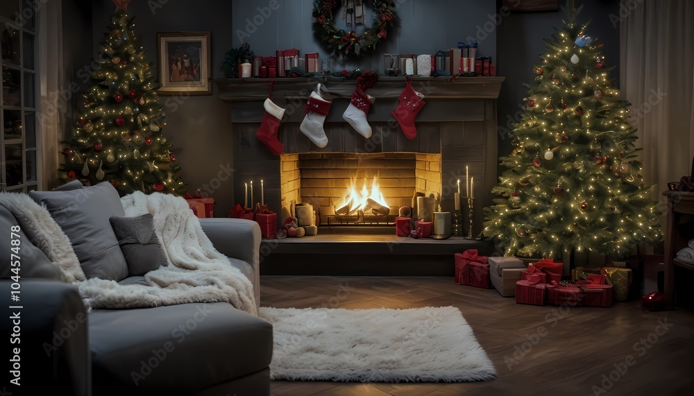 cozy living room, fireplace, christmas tree, warm lighting, soft blankets cozy living room, fireplace, christmas tree, warm lighting, soft blankets