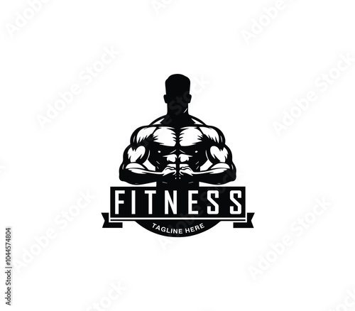 Fitness and gym body building logo design. Silhouette of bodybuilder. Fitness center gym logo vector