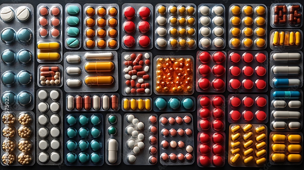 A collection of various pills and capsules in blister packs on a dark background. A collection of various pills and capsules in blister packs on a dark background.
