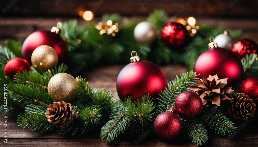 Naklejka premium Festive Christmas background with red and gold baubles