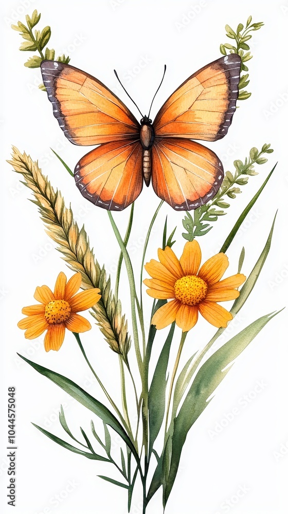 Butterfly and flowers, white isolate background Butterfly and flowers, white isolate background