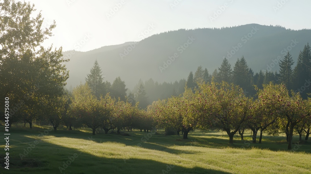 Serene Orchard Surrounded by Majestic Mountains at Dawn Serene Orchard Surrounded by Majestic Mountains at Dawn